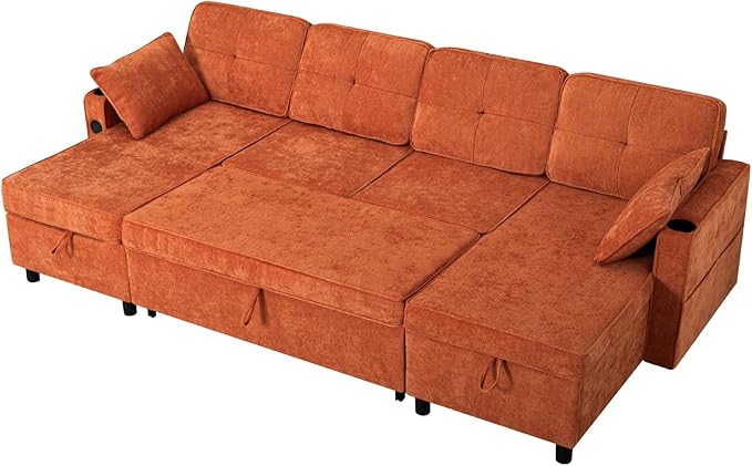 ACMEASE110“ Inches L-Shaped Pull Out Sofa Bed w/Storage Chaise & Adjustable Back, Chenille Sectional Sofa w/USB Port,Tufted Sleeper Couch w/Cup Holders for Living Room, Orange-CasaMuseHome