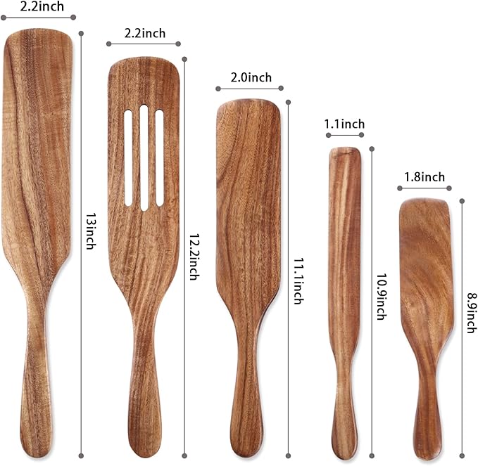 5 Pcs Wooden Spurtle Set, Natural Teak Kitchen Utensil Set Heat Resistant Non-Stick Wooden Spoons Tools for Cooking, Stirring, Mixing, Serving, Spurtles Kitchen Tools As Seen On TV-CasaMuseHome