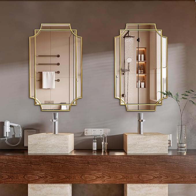 30x20 Inch Gold Bathroom Mirror, Wooden Frame with Scalloped Polished Beveled Glass, Modern Art Wall Decor for Vanity, Irregular Rectangle Mirror for Bedroom, Living Room, Fireplace & Entryway-CasaMuseHome