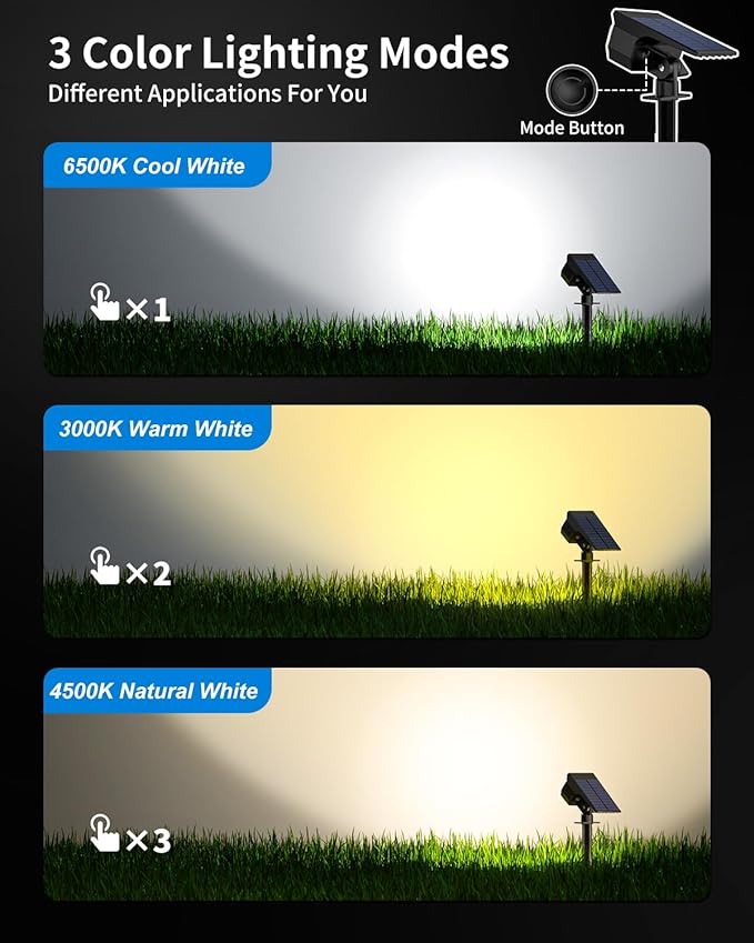 3 Colors Solar Lights Outdoor Waterproof IP65 Outdoor Solar Spot Lights for Yard 52 LEDs 600LM Solar Powered Landscape Spotlights Solar Security Wall Lights for Garden Pathway Outside- 6 Pack-CasaMuseHome