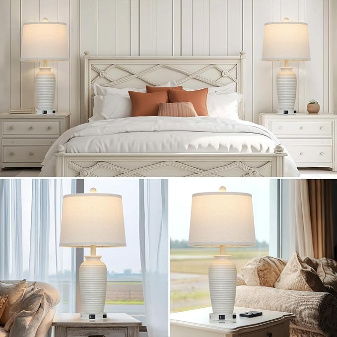 25" Farmhouse Jar Table Lamps Set of 2,Rustic Cream Pot Table Lamp for Bedroom, Living Room,3 Way Touch Control Rustic Bedside Lamps with USB A+C Ports & AC Outlet(LED Bulbs Included)-CasaMuseHome