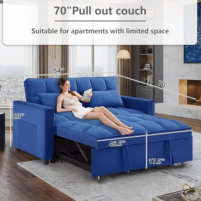 3 in 1 Convertible Sleeper Sofa Bed,Futon Loveseat Couch with Pull-Out Bed & Adjustable Backrest,Velvet Fabric Sofa with Side Pocket for Small Apartment, Living Room, Office (Blue)-CasaMuseHome