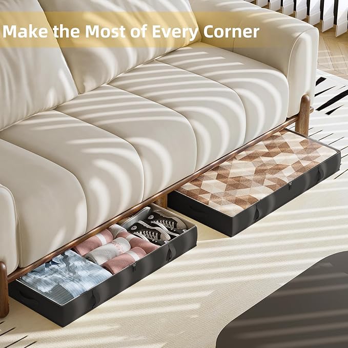 2-Pack Under Bed Storage, 6 Inches Tall Closet Organizers and Storage Bins with Sturdy Sidewalls/Bottom/4 Handles, Black-CasaMuseHome