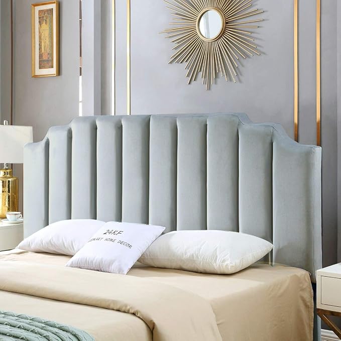 24KF Steel Gray Velvet Tufted King Upholstered Headboard, Modern Vertical Channel Design California King Headboard with Stepped Silhouette Top Edge, Steel Gray-CasaMuseHome