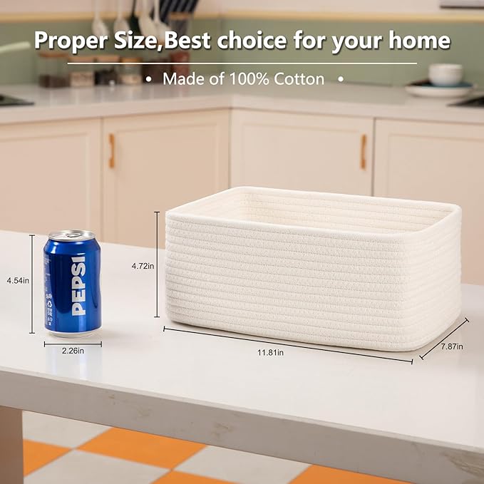 4 Pack Small Storage Shelf Baskets for Organizing, Mini Woven Rope Storage Bins for Towels, Cute Decorative Closet Organizer，Baby Nursery, Gift Empty Baskets -11.81''Lx7.87''Wx4.72''H-White-CasaMuseHome