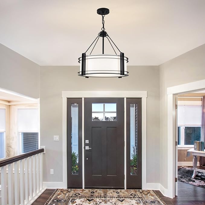 16.3''Black Drum Chandelier 3-Light Modern Farmhouse Chandelier with White Fabric Shade Adjustable Drum Pendant Light Fixture for Dining Room Kitchen Island Hallway Living Bedroom-CasaMuseHome