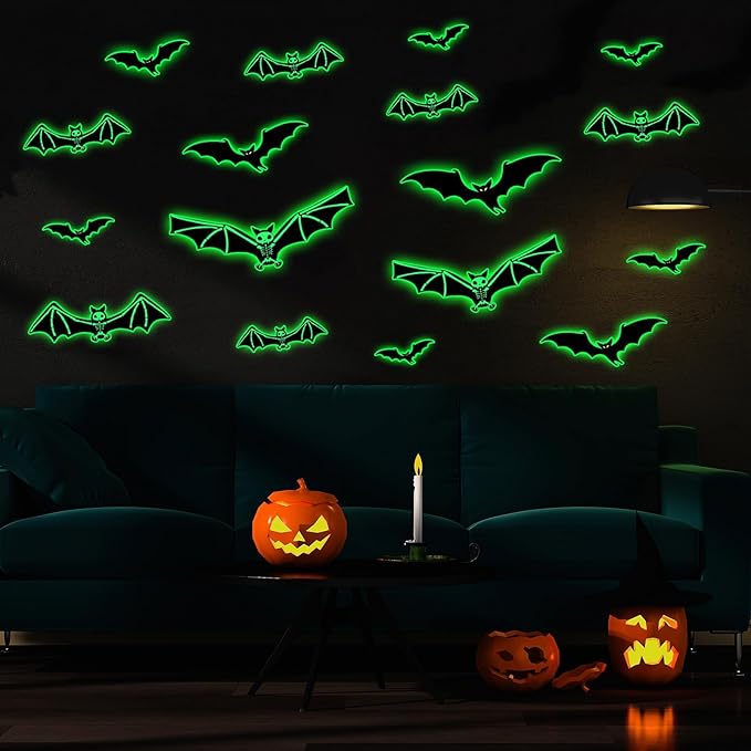 3 Sheets Glow in The Dark Halloween Skeleton Bat Decals Luminous Halloween Skeleton Bat Stickers Removable Bat Wall Decor Glowing Window Clings for Scary Halloween Theme Party Decorations-CasaMuseHome