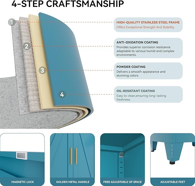 71 "Farmhouse Metal Filing Cabinet with a Drawer and 4 Adjustable Shelves, with 4 Large barn Door White Kitchen Cabinets, Metal Food Cabinets for Home, Kitchen, Dining/Living Room (Peacock Blue)-CasaMuseHome