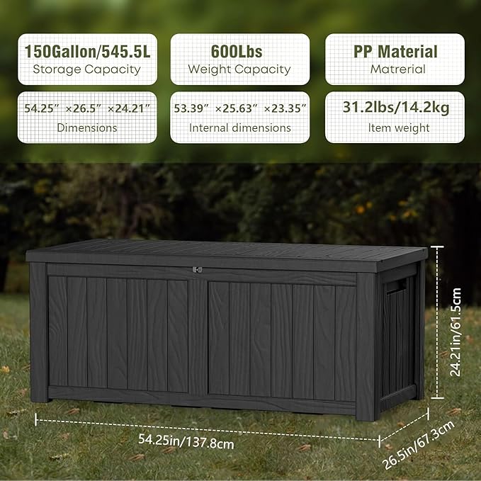 150 Gallon Outdoor Storage Box Waterproof Lockable Resin Deck Box Large, Patio Storage Bin for Pool Accessories Cushion Furniture, Garden Tools, UV-Resistant Outside Delivery Black-CasaMuseHome