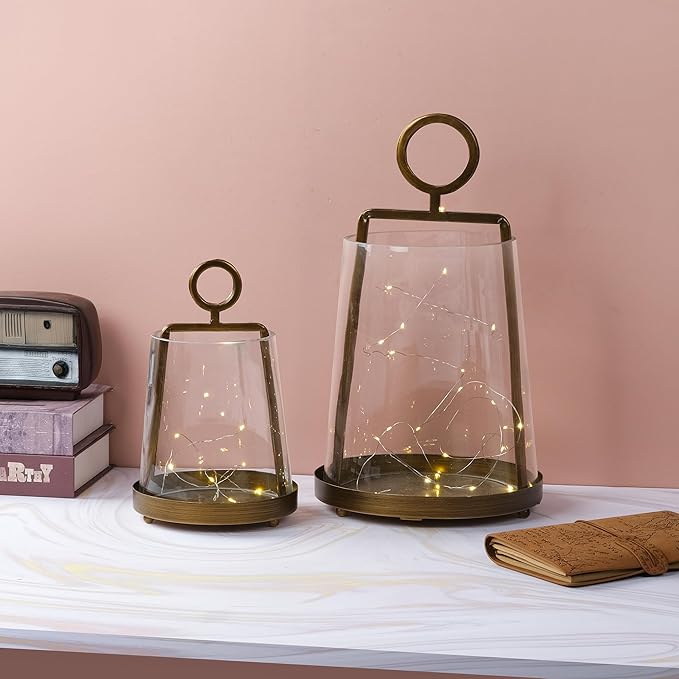 9" Wide Modern Farmhouse Metal Hurricane Candle Holder with Handmade Sturdy Glass Sleeve in Antique Brass for Pillar Candle & Plants, Hurricane Lantern, Industrial, Minimalistic (1, Brass, 9"x14")-CasaMuseHome