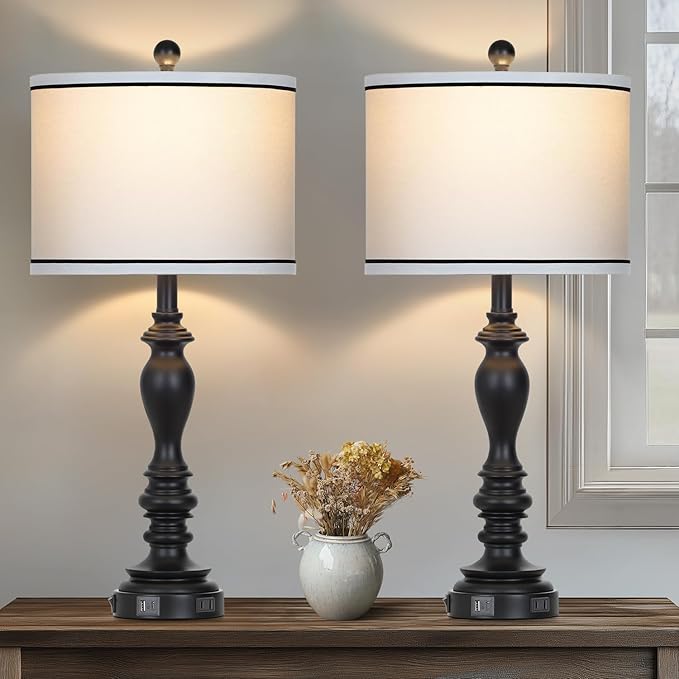 27.5" Farmhouse Table Lamp for Living Room, Black Lamps Set of 2 with USB A+C Ports, Mid Century Tall Table Lamp for Bedroom, Bedside Lamps for Night Stands(2 Bulbs Included)-CasaMuseHome