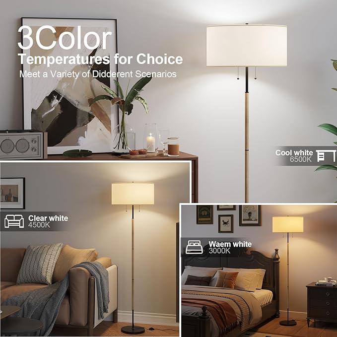 2-Light Floor Lamp, Mid Century Floor Lamp with White Fabric Shade, Standing Lamp Tall Lamp for Living Room Bedroom, 3 Color Temperatures 9W Bulb Include-CasaMuseHome
