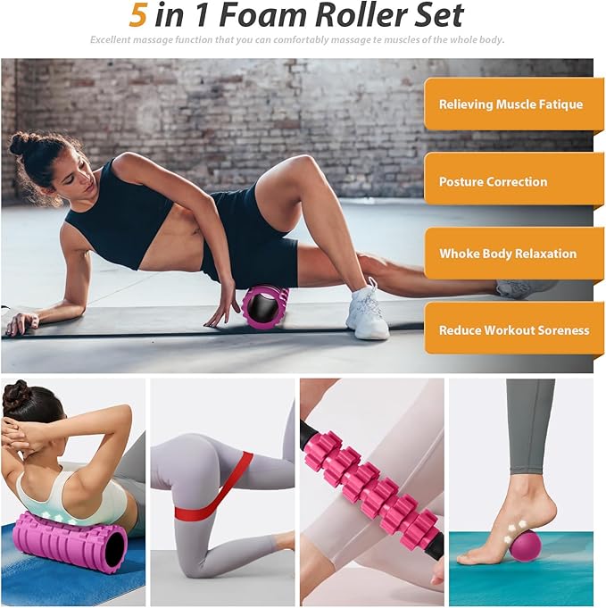 5 in 1 Foam Roller Set for Deep Tissue Muscle Massage, High Density Fitness Exercise Foam Roller, Massage Roller, Massage Ball, Resistance Band, for Whole Body (Pink-Black)-CasaMuseHome