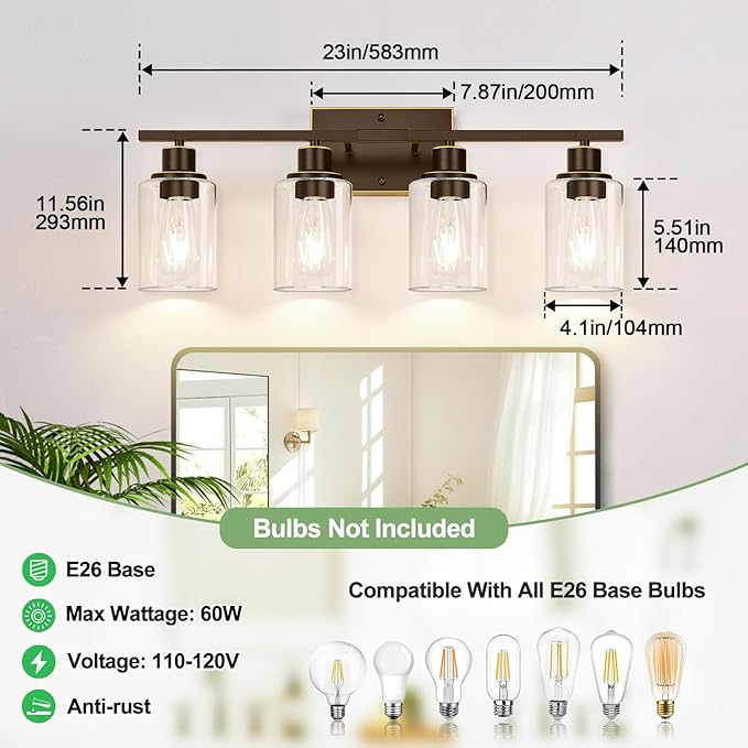 4 Light Bathroom Light Fixtures, Oil-Rubbed Bronze Modern Vanity Lights with Clear Glass Shades, Bathroom Wall Lamp for Mirror Living Room Cabinet-CasaMuseHome