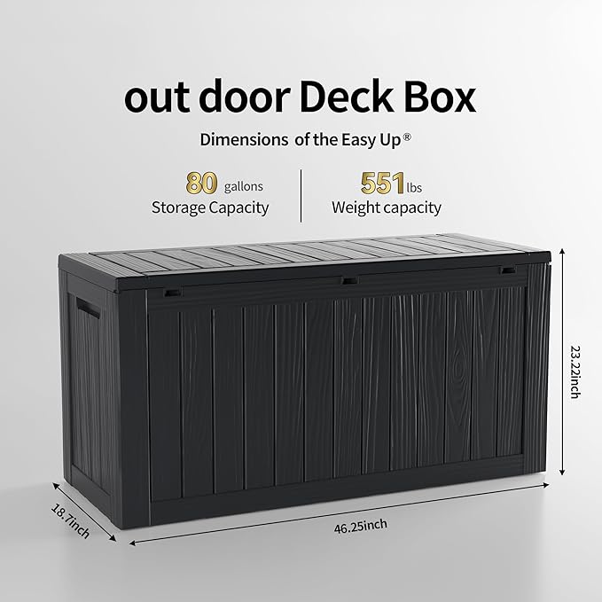 80 Gallon Lockable Resin Deck Box, Waterproof & UV-Resistant Outdoor Storage Box for Outdoor Cushion Storage, Garden Tools & Pool Accessories Storage, Black-CasaMuseHome