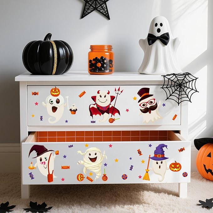6 Sheet Halloween Stickers Clings Cute Ghost Decals Decor for Kids, Vintage Ghost Evil Pumpkin Reusable Window Stickers for Halloween Party Supplies Home Glass Decorations-CasaMuseHome