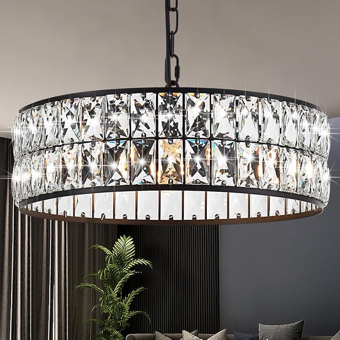 16” 4-Light Modern Crystal Chandeliers Black Dinning Room Light Fixture, Round Pendant Light Kitchen Island Chandelier, Flush Mount Ceiling Light for Living Room Entryway Bedroom Foyer-CasaMuseHome