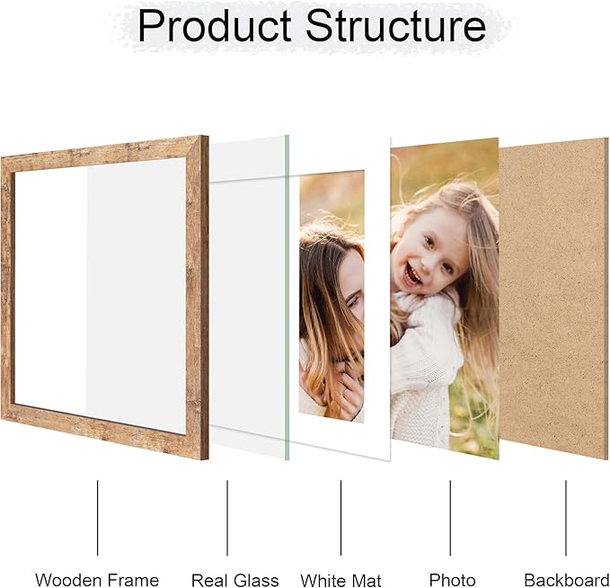 12x12 Picture Frame Set of 4, 12 x 12 Wood Photo Frames with Mat for 10x10 or 30x30cm Diamond Painting Art, Wooden Frame with Real Glass Cover for Wall and Tabletop Display,Brown-CasaMuseHome