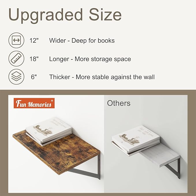 18"W x12"D Floating Shelves, Farmhouse Wall Shelves Home Decor Shelf, Deep Bathroom Shelf with Bracket, 12 Inch Deep Wall Shelves for Living Room, Kitchen, Bedroom, Rustic Brown, Set of 2-CasaMuseHome