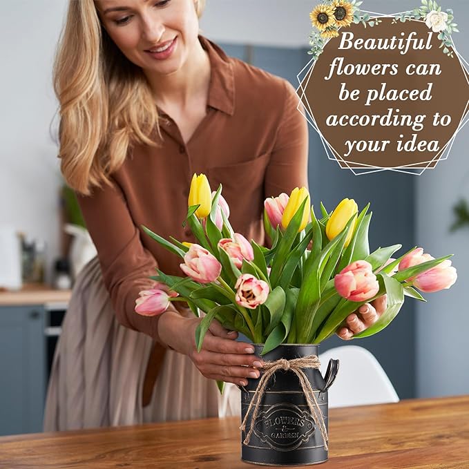 6 Inch Farmhouse Vase Decor Milk Can Vintage Flower Jug Galvanized Metal Vase with Handle Rustic Flower Buckets for Thanksgiving Christmas Table Centerpiece Weddings Gifts(Black,8 Pcs)-CasaMuseHome