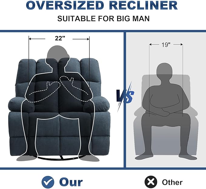 2PCS Oversized Recliner Chair, 360° Swivel Rocker Recliner for Big Man, Extra Wide Manual Recliner, Overstuffed Soft Rocking Sofa Chair for Living Room(Grey)-CasaMuseHome
