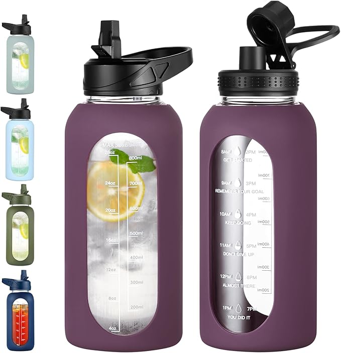 32 oz Glass Water Bottle with Straw and Handle, Sports Motivational Water Flask with Silicone Sleeve, Large Leakproof Water Flask Cup with Time Marker for Travel, Gym, Dark Purple-CasaMuseHome