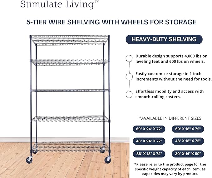 48"x24"x72" Prime Heavy Duty Black 5-Tier Steel Wire Shelving NSF 4000 LBS MAX Capacity Storage Rack for Commercial, School, Home, Garage, Warehouse, Industrial, and Hospital Uses (with Wheels)-CasaMuseHome