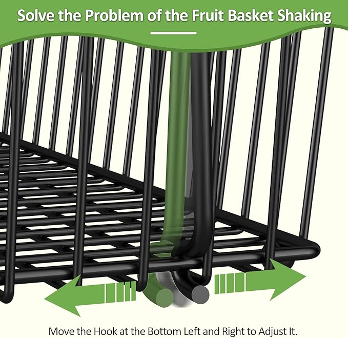 2 Tier Fruit Basket for Kitchen Counter with 2 Banana Hangers, Countertop Metal Fruit Bowl with Wooden Handle, Large Storage Stand for Vegetables, Snacks, Breads, Produce Storage – Black-CasaMuseHome