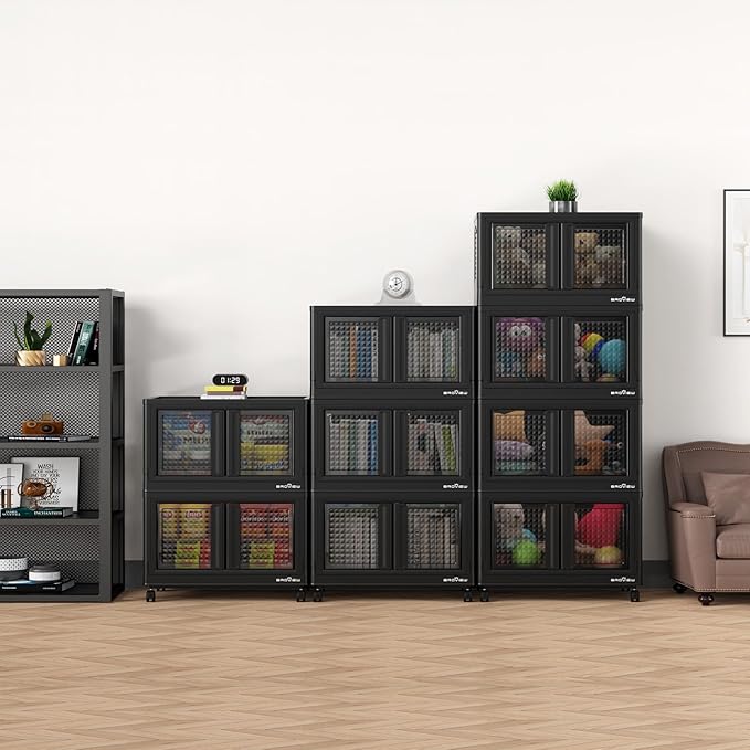 600Qt Stackable Storage Bins with Lids, 150Gal Closet Organizers and Storage Drawer, Plastic Collapsible Storage Bins with Doors, Heavy Duty Store Box Cabinet for Home Kitchen, 6Pack Black-CasaMuseHome