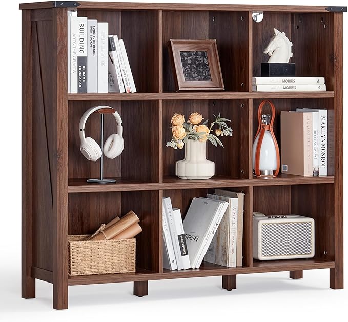 9 Cube Bookcase, Farmhouse 47 Inch Wide Brown Walnut Bookshelf, Wooden 3 Tier Display Large Open Book Shelf, Vintage Horizontal Book Case for Home Office, Cubby Storage Cabinet for Living Room-CasaMuseHome