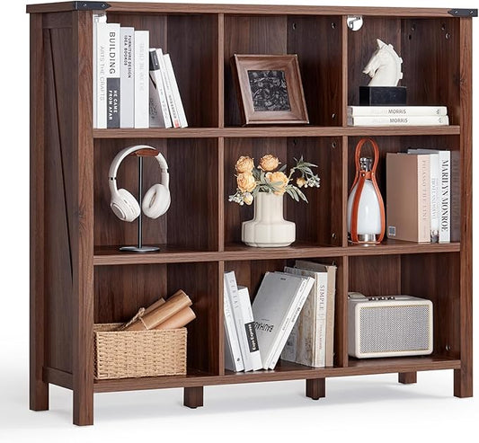 9 Cube Bookcase, Farmhouse 47 Inch Wide Brown Walnut Bookshelf, Wooden 3 Tier Display Large Open Book Shelf, Vintage Horizontal Book Case for Home Office, Cubby Storage Cabinet for Living Room-CasaMuseHome
