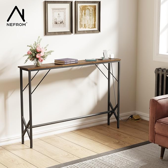 47.2'' Console Table, Skinny Entryway Table with Fast-Charging Station, Narrow Long Sofa Table, Behind Slim Couch Table for Entrance, Hallway, Living Room Decor ST-BR120-1-CasaMuseHome