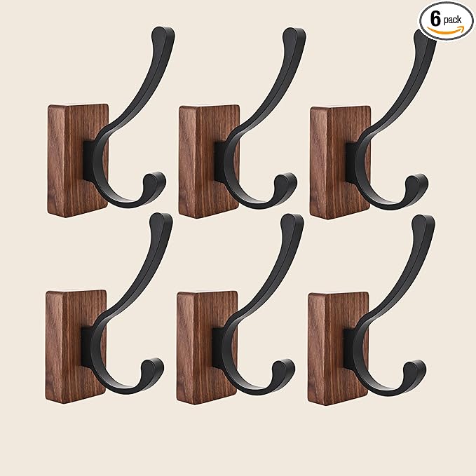 6 Pack Wooden Wall Hooks for Hanging, Adhesive Mounted & Wall Mount Nature Wood Coat Hooks for Towel Clothes Blanket Hat Backpack Robe Nursery Door Board Entryway Key Holder-CasaMuseHome
