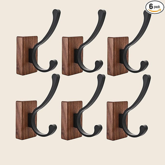 6 Pack Wooden Wall Hooks for Hanging, Adhesive Mounted & Wall Mount Nature Wood Coat Hooks for Towel Clothes Blanket Hat Backpack Robe Nursery Door Board Entryway Key Holder-CasaMuseHome