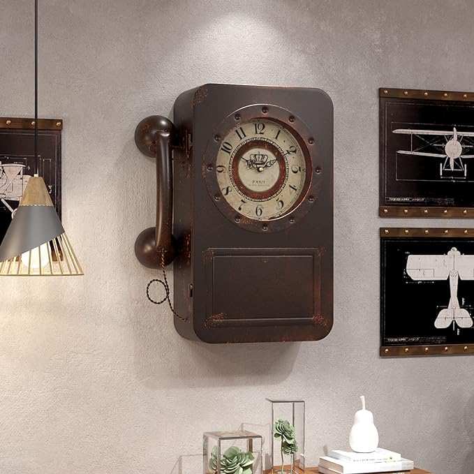 Abdurey Retro Old Telephone Wall Clock with Hidden Safe, Battery Operated Quartz Metal Wall Clocks, Large Rectangular Vintage Decor Clocks, for Farmhouse, Living Room(16" H x 12" W x 4" D)-CasaMuseHome