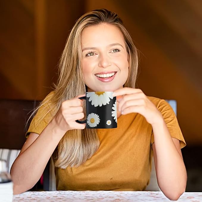 12Oz Daisy floral Black Ceramic Mug, Mug for Daily Coffee and Tea, Lead-free Microwave and Dishwasher Safe Coffee Mug, Perfect gifts for Women and men-CasaMuseHome