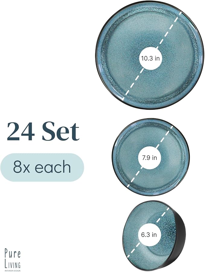 24 Piece Dinnerware Sets for 8 - Modern Style Stoneware Dinnerware Set - Scratch Resistant, Dishwasher Safe Plates and Bowls Sets Ceramic, Dish Set, Bowl and Plate Set - Black and Petrol Blue…-CasaMuseHome