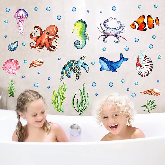 52 Pcs Ocean Fish Wall Decals Glow in The Dark Under The Sea Wall Decals Sea Animals Stickers Removable Waterproof Peel and Stick for Kids Bathroom Watercolor Ocean Decor(Funny Style)-CasaMuseHome