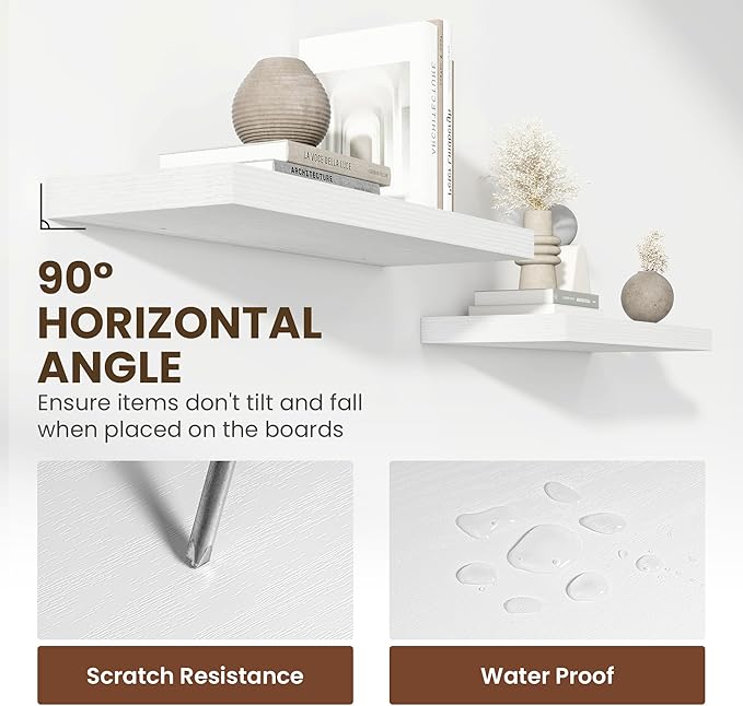 24 Inch Floating Shelves, 12 Inch Deep Floating Shelves for Wall, Floating Shelf with Invisible Brackets, Deep Shelves for Bathroom, Bedroom, Living Room, 2 Pack, White-CasaMuseHome