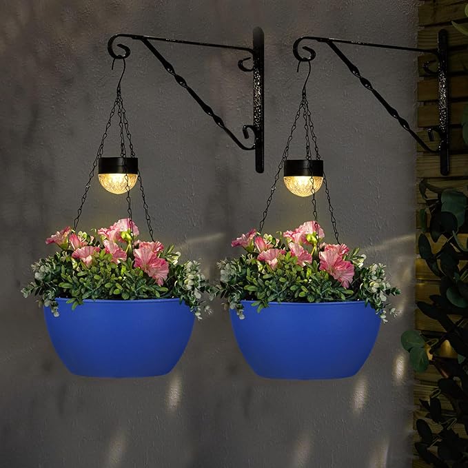 2 Packs Solar Hanging Basket Planters for Plants Outdoor, Self Watering Blue Flower Plants Pots with Solar Light Drainer for Balcony Patio Garden Outdoor Decoration-CasaMuseHome