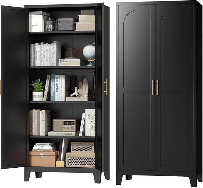 70.87" H Metal Kitchen Pantry Cabinet, Freestanding Cupboard with 2 Doors and 4 Adjustable Shelves, Tall Metal Storage Cabinet for Kitchen, Bathroom, Dinning Room or Laundry Room （Black）-CasaMuseHome