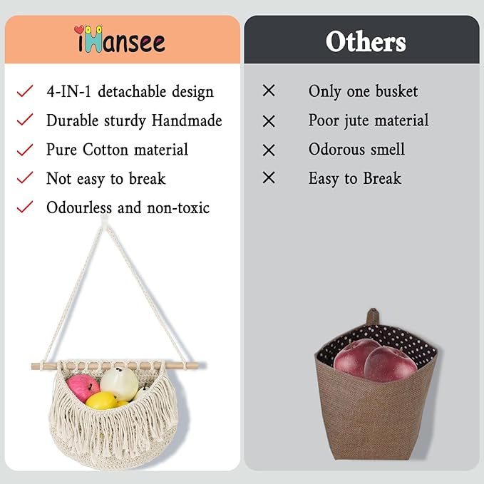 4 Tier Hanging Fruit Basket for Kitchen, Beige Boho Cotton Rope Crocheted Fruit Holder for Bathroom Bedroom, Detachable Wall Hanging Basket Shelves Over Door Organizer for Fruits Veggie Plant Decor-CasaMuseHome