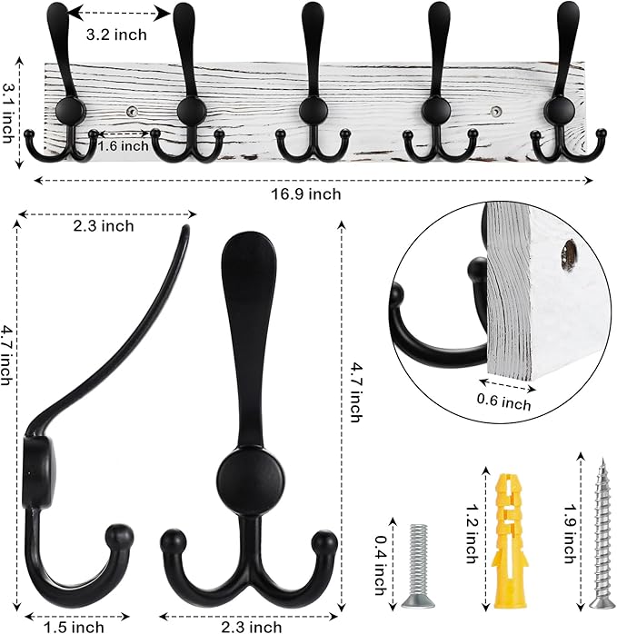 2pcs Coat Rack Wall Mount Wooden Hat Rack for Wall Hooks Pine Real Wood Plank 16.9" Old White Coat Hanger with 5 Black Triple Hooks for Hanging Coat Hat Jacket-CasaMuseHome