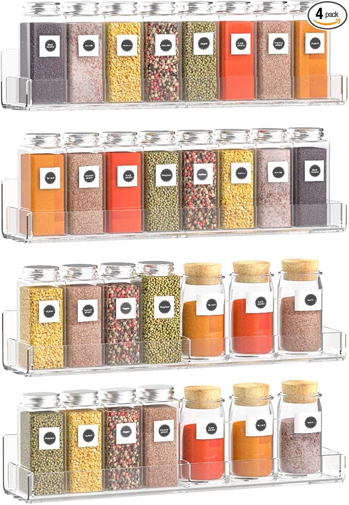 Acrylic Wall Spice Rack Organizer, Seasoning Rack Shelf Organizer, Clear Wall Mounted Spice Rack Condiment Organizer with Additional Removable Middle Divider, 4 Pack…-CasaMuseHome