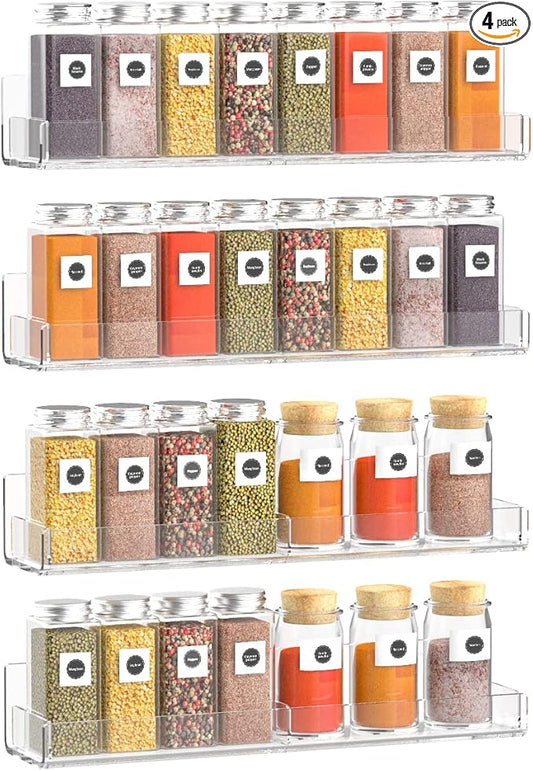 Acrylic Wall Spice Rack Organizer, Seasoning Rack Shelf Organizer, Clear Wall Mounted Spice Rack Condiment Organizer with Additional Removable Middle Divider, 4 Pack…-CasaMuseHome
