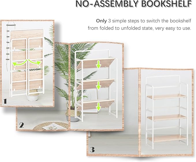 4NM No Assembly Foldable Bookshelf, 3-Shelf Collapsible Bookcase Storage for Small Spaces, 42.1" H, Natural White-CasaMuseHome