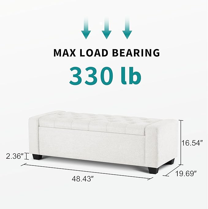 48" Ottoman with Storage, White Storage Ottoman Bench with Safety Hinge, Upholstered Entryway Bench with Seating for Bedroom, Living Room, Holds up to 330 lb-CasaMuseHome