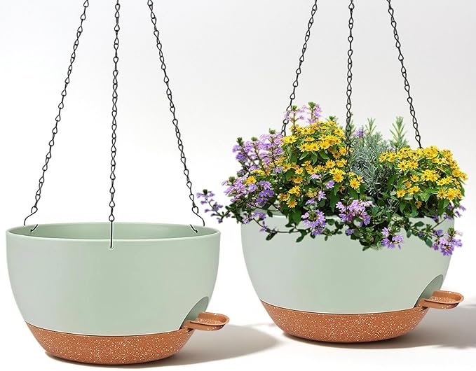 2 Pack 12 Inch Large Hanging Planters with Chains Self Watering Green Brown Plastic Hanging Pots for Indoor Outdoor Plants, Garden Porch Home Decor，Green Brown-CasaMuseHome