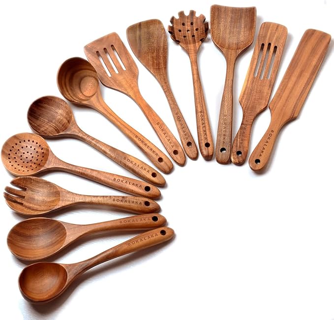 12 Pack Wooden Spoons for Cooking - Natural Teak Kitchen Utensils Set with Spatulas-CasaMuseHome