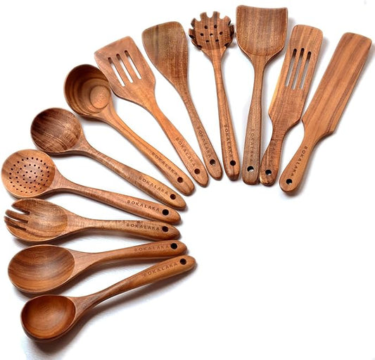 12 Pack Wooden Spoons for Cooking - Natural Teak Kitchen Utensils Set with Spatulas-CasaMuseHome